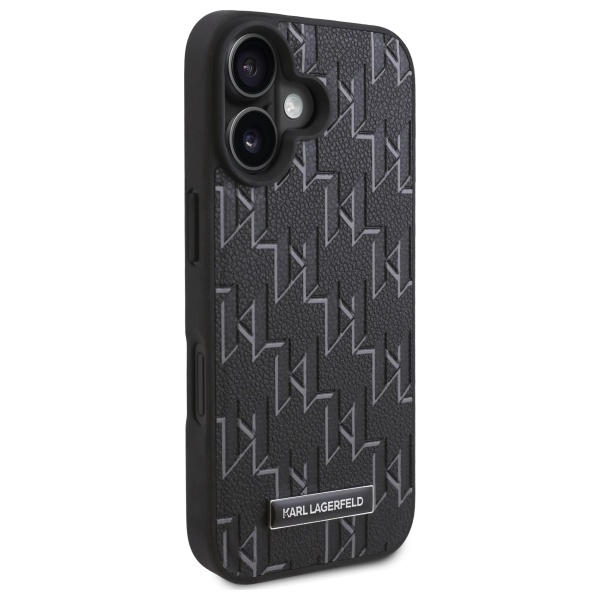 Karl Lagerfeld iPhone 16 Case Leather Monogram Metal Logo MagSafe, Black