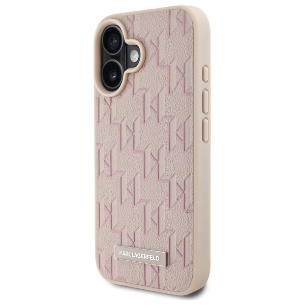 Karl Lagerfeld iPhone 16 Case Leather Monogram Metal Logo MagSafe, Pink