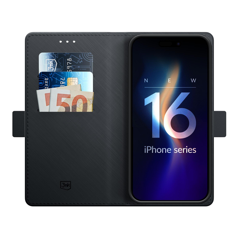 3mk Wallet Case for iPhone 16, Black