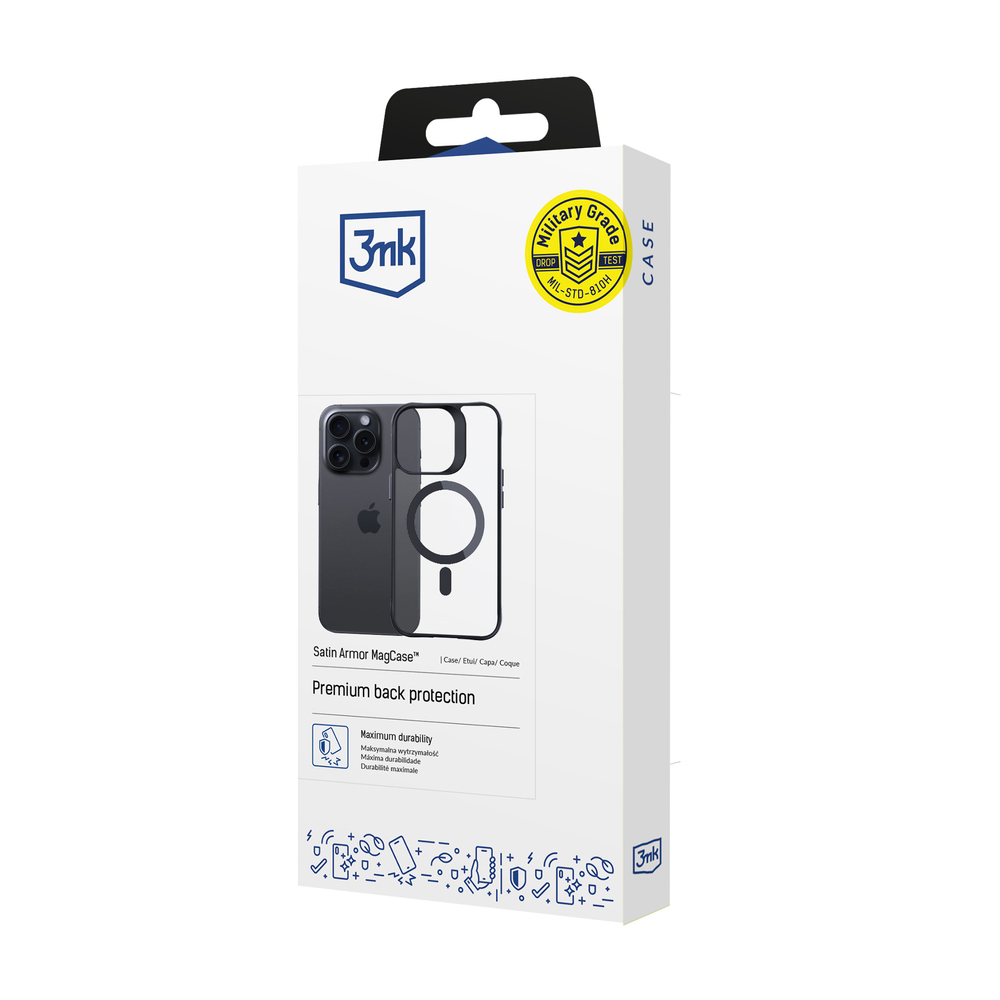 3mk Satin Armor MagCase for iPhone 15 Pro Max, Clear with Black Frame