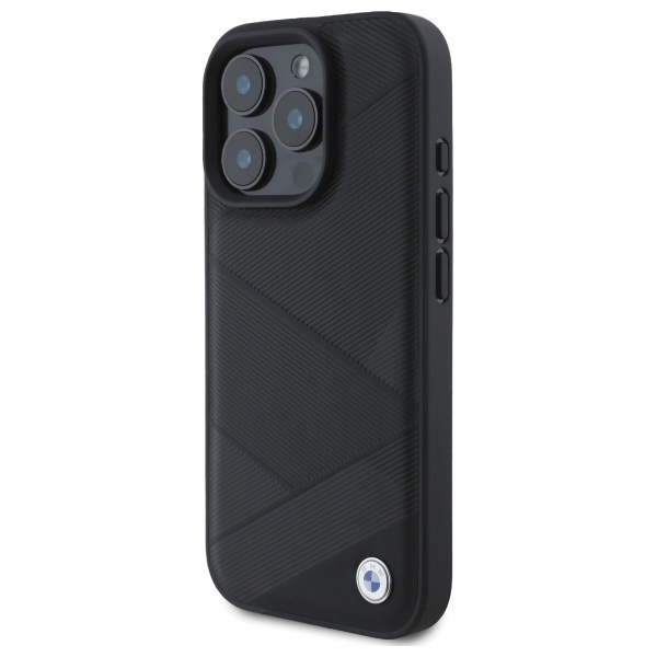 BMW iPhone 16 Pro Max Case Sign Leather Crossing Lines Pattern, Black