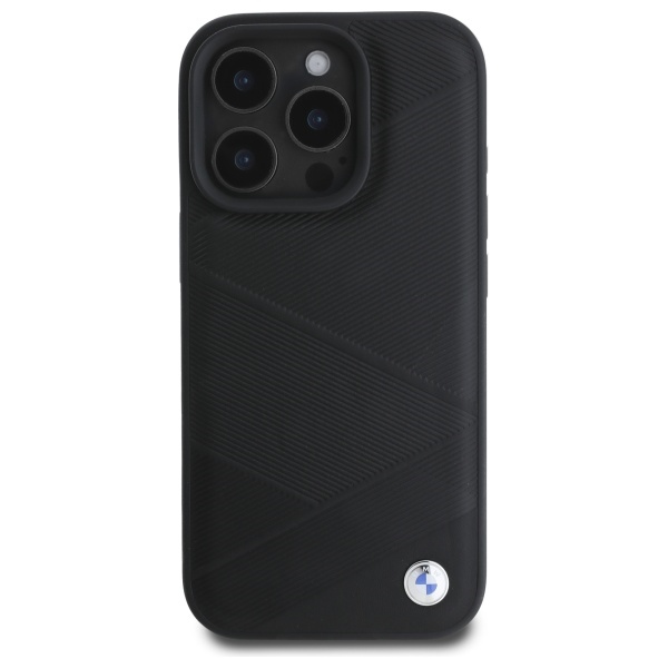 BMW iPhone 16 Pro Max Case Sign Leather Crossing Lines Pattern, Black