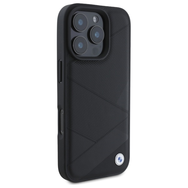 BMW iPhone 16 Pro Max Case Sign Leather Crossing Lines Pattern, Black