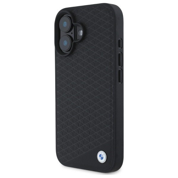 Чехол BMW для iPhone 16 Sign Leather Diamond Metal Logo MagSafe, черный