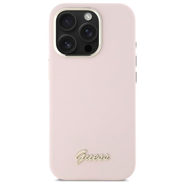 Guess iPhone 16 Pro Case Silicone Script Metal Logo & Frame, Pink