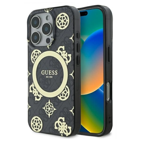 Guess GUHMP16LH4PYEEK iPhone 16 Pro 6.3" black/black hardcase IML Peony On 4G Background MagSafe