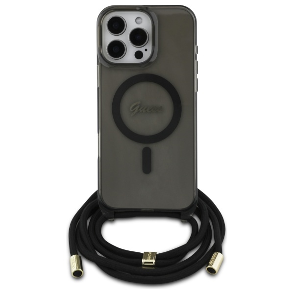 Guess iPhone 16 Pro Max Case Crossbody Cord Script MagSafe, Black