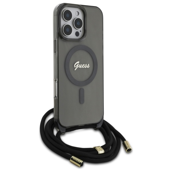 Guess iPhone 16 Pro Max Case Crossbody Cord Script MagSafe, Black