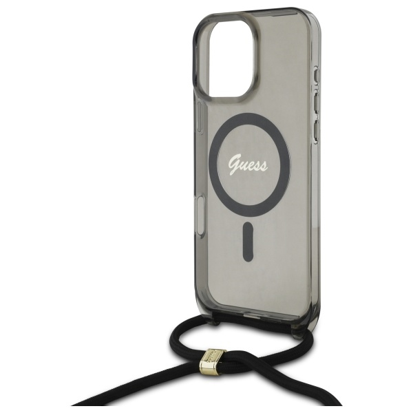 Guess iPhone 16 Pro Max Case Crossbody Cord Script MagSafe, Black