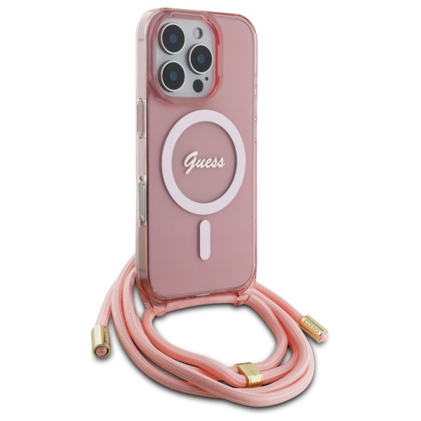 Чехол Guess для iPhone 16 Pro Max Crossbody Cord Script MagSafe, розовый