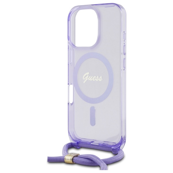Guess iPhone 16 Pro Max Case Crossbody Cord Script MagSafe, Purple