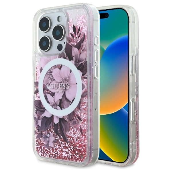 Guess GUHMP16XLFMWTP iPhone 16 Pro Max 6.9" pink/pink hardcase Liquid Glitter Flower MagSafe