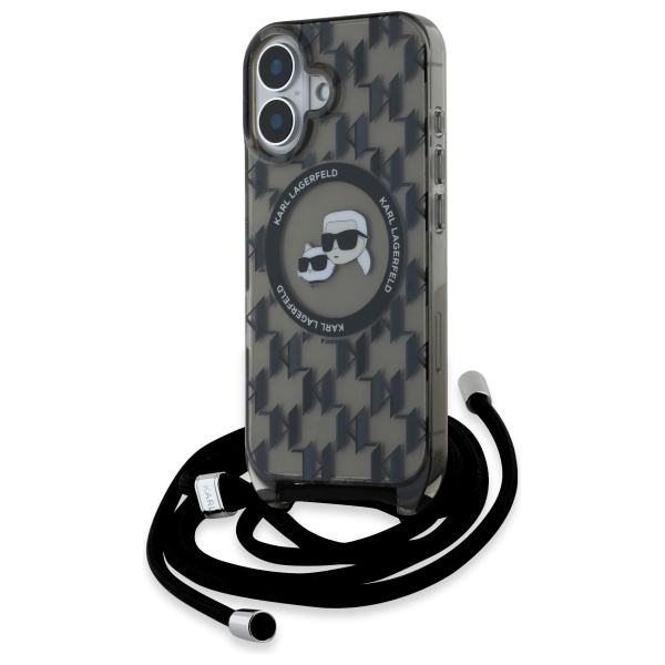Apple iPhone 16 6.1'' Karl Lagerfeld IML Crossbody Monogram Karl & Choupette Head MagSafe Cover Case, Black