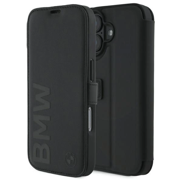 BMW BMBKP16S23RMRLK iPhone 16 6.1" melns/pelēks grāmatu vāciņš Signature Leather Wordmark | black/black...