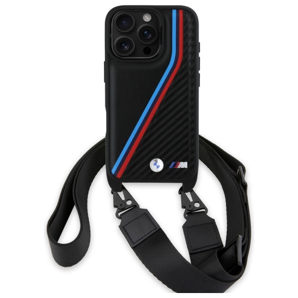 BMW iPhone 16 Pro Case M Edition Carbon Tricolor Lines & Strap, Black
