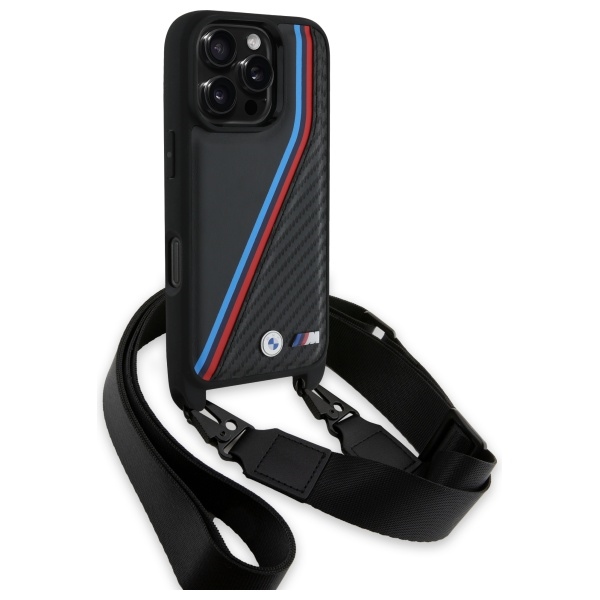 BMW iPhone 16 Pro Max Case M Edition Carbon Tricolor Lines & Strap, Black