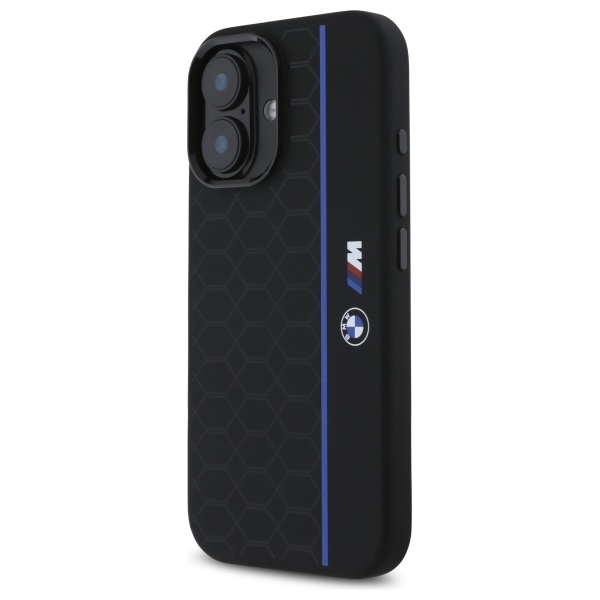 BMW iPhone 16 Case Silicone Hexagon Blue Line MagSafe - Black