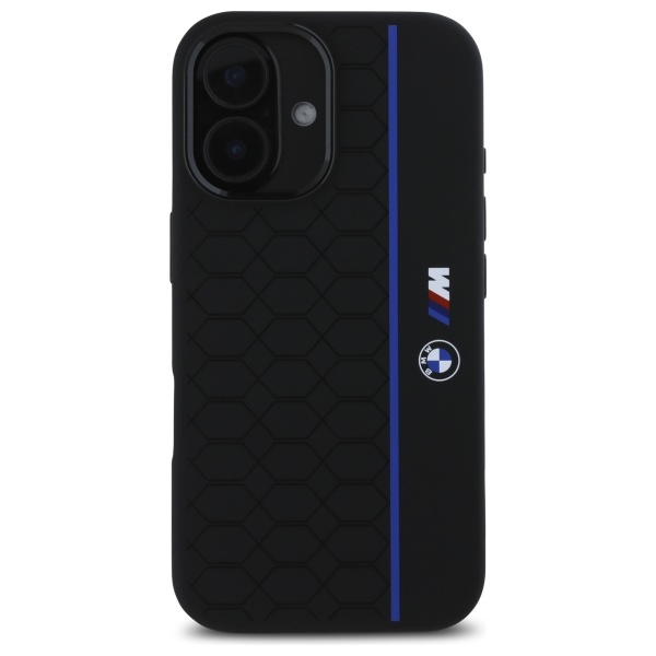BMW iPhone 16 Case Silicone Hexagon Blue Line MagSafe - Black