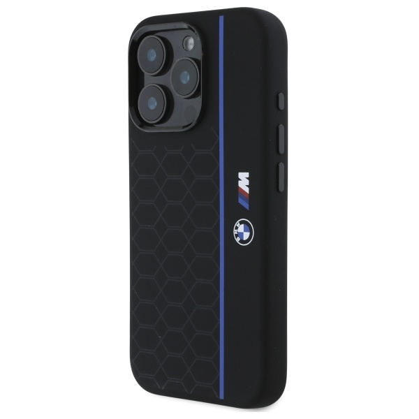 Чехол BMW для iPhone 16 Pro Max Silicone Hexagon Blue Line MagSafe, черный