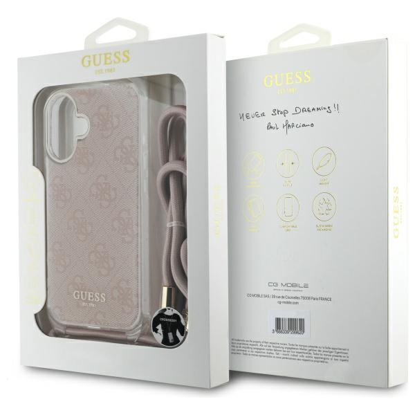 Чехол Guess для iPhone 16 Crossbody Cord 4G Print, розовый