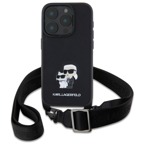 Apple iPhone 16 Pro 6.3\'\' Karl Lagerfeld Saffiano Karl&Choupette Metal Pin CBDY Strap Case Cover, Black