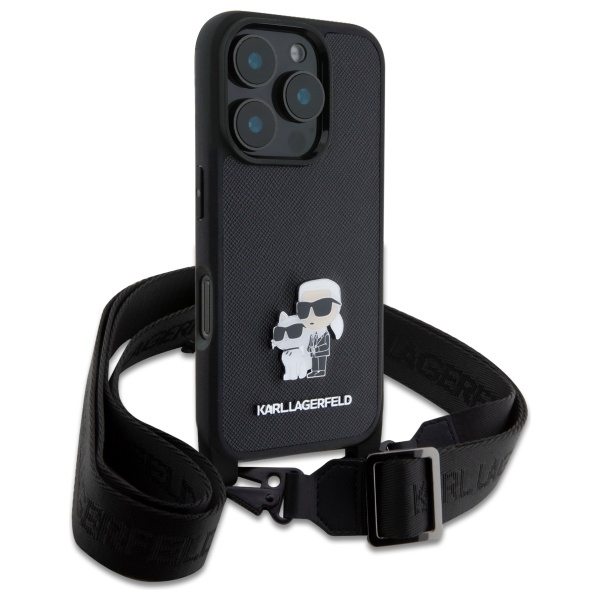 Apple iPhone 16 Pro 6.3\'\' Karl Lagerfeld Saffiano Karl&Choupette Metal Pin CBDY Strap Case Cover, Black