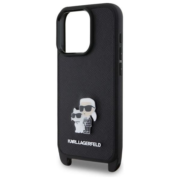 Apple iPhone 16 Pro 6.3\'\' Karl Lagerfeld Saffiano Karl&Choupette Metal Pin CBDY Strap Case Cover, Black