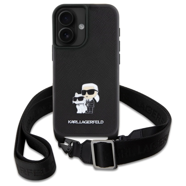 Чехол Karl Lagerfeld для iPhone 16 Saffiano Karl&Choupette Metal Pin с ремешком, черный