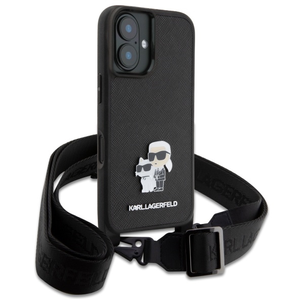 Чехол Karl Lagerfeld для iPhone 16 Saffiano Karl&Choupette Metal Pin с ремешком, черный