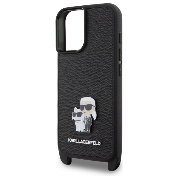 Чехол Karl Lagerfeld для iPhone 16 Saffiano Karl&Choupette Metal Pin с ремешком, черный