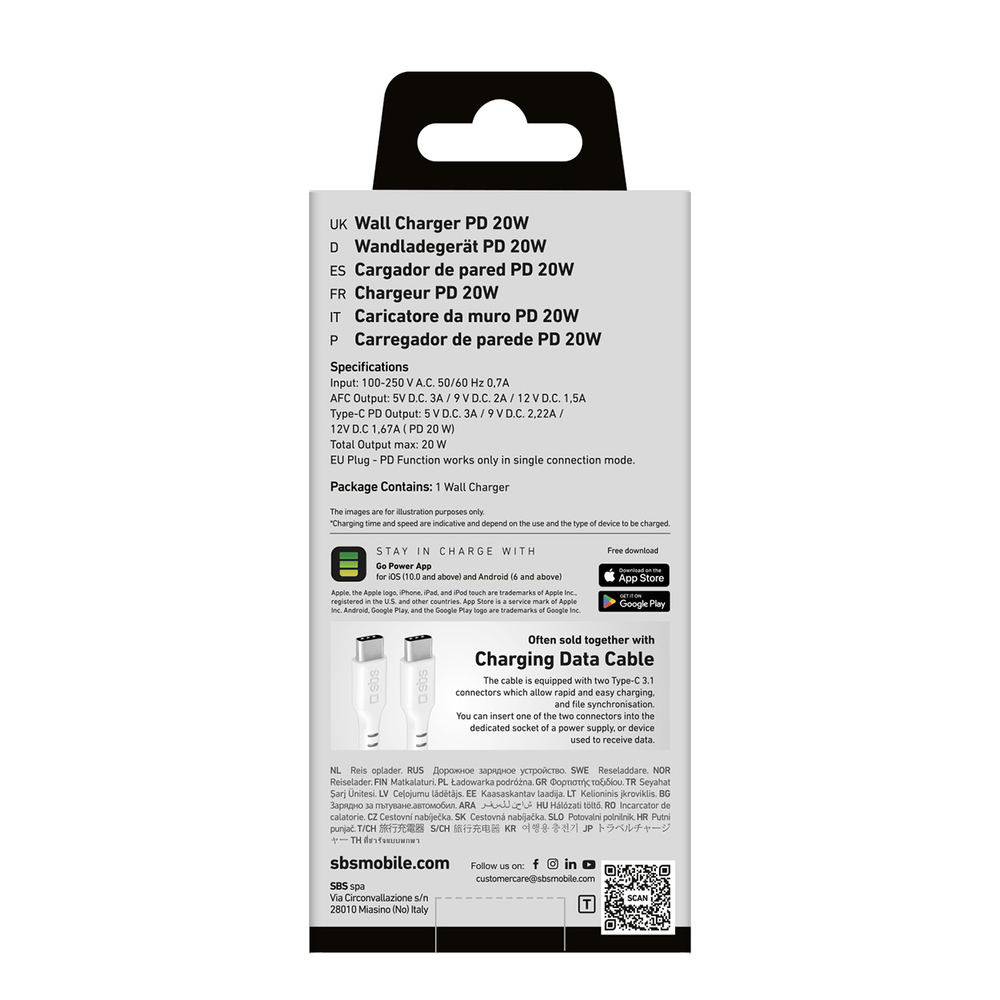 Sbs TETRPD20W 20W USB-A and USB-C Wall Charger PD, White