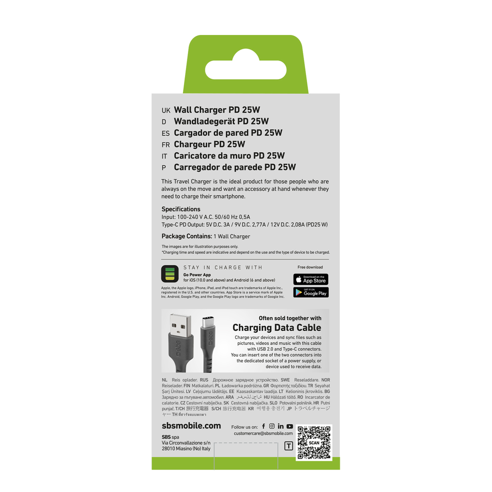 Sbs TETR1CPD25 25W USB-C Wall Charger with Power Delivery, Black