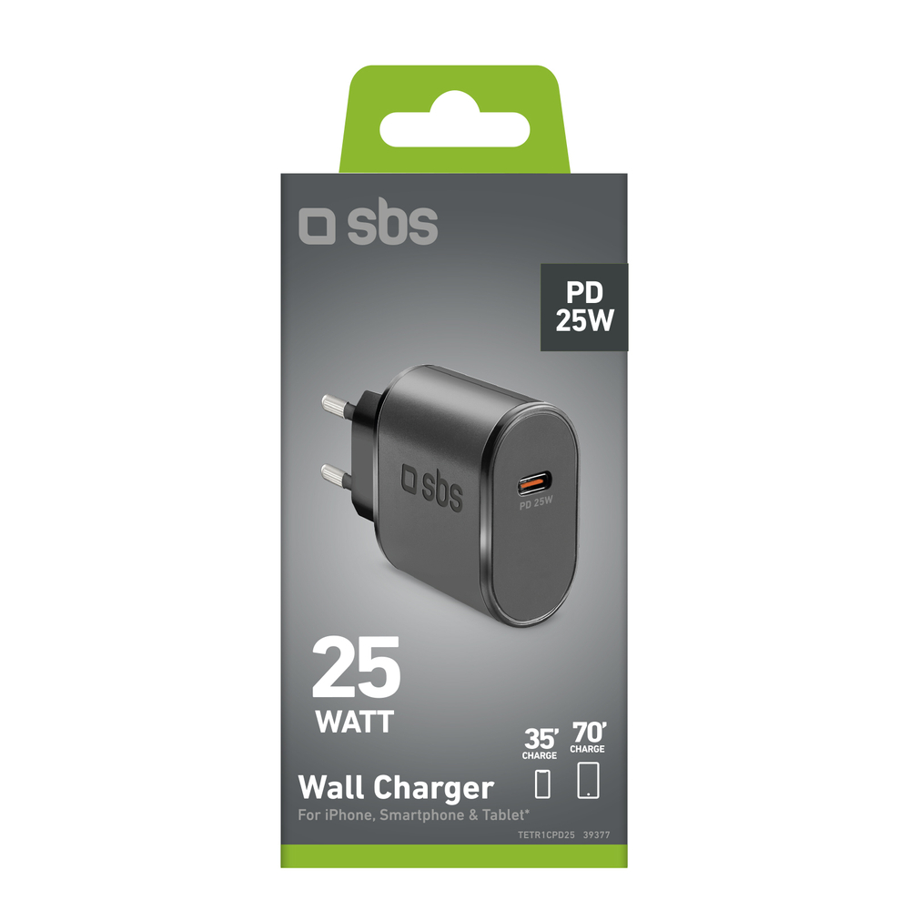 Sbs TETR1CPD25 25W USB-C Wall Charger with Power Delivery, Black