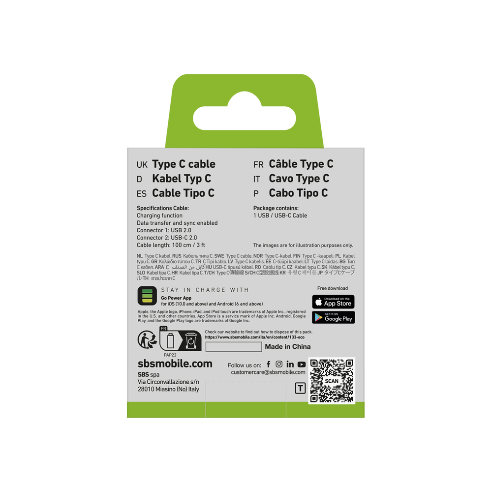 SBS USB-A - USB-C Cable 1m, Black