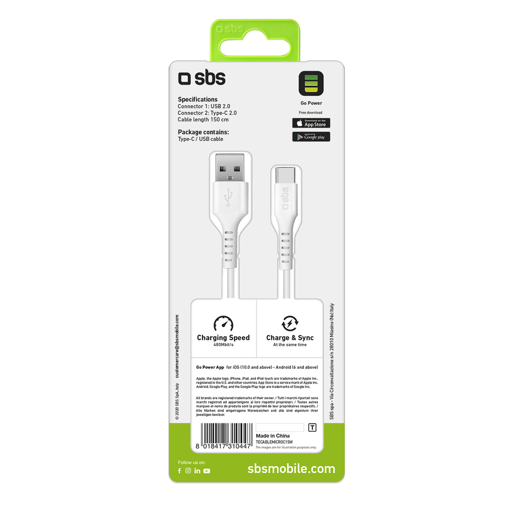 SBS USB-A - USB-C kabelis 1.5m, balts
