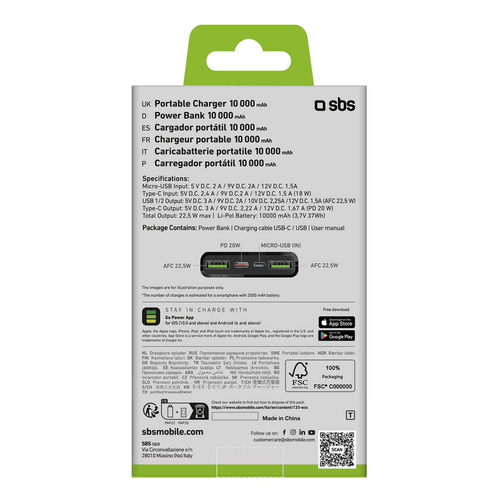 Внешний аккумулятор Sbs 10000 mAh 20W Power Delivery, черный