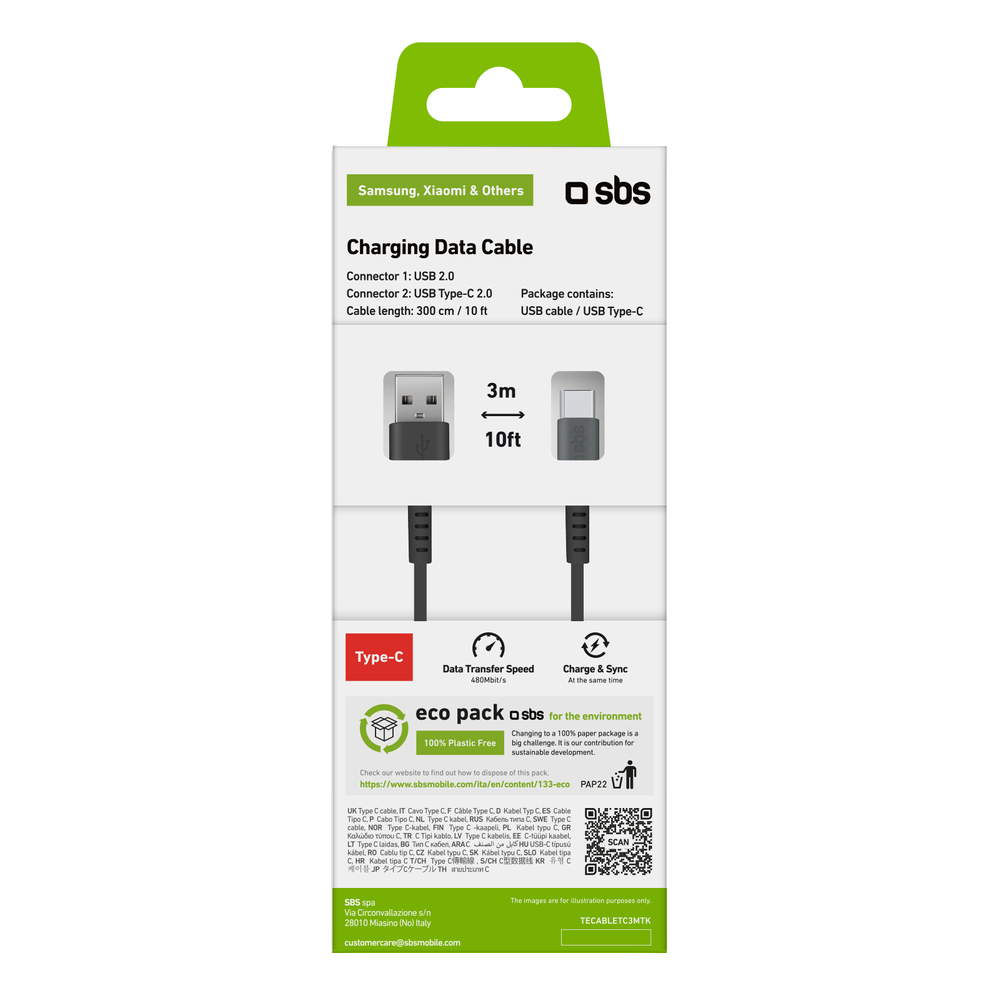 Sbs USB-A to USB-C Cable 3m, Black