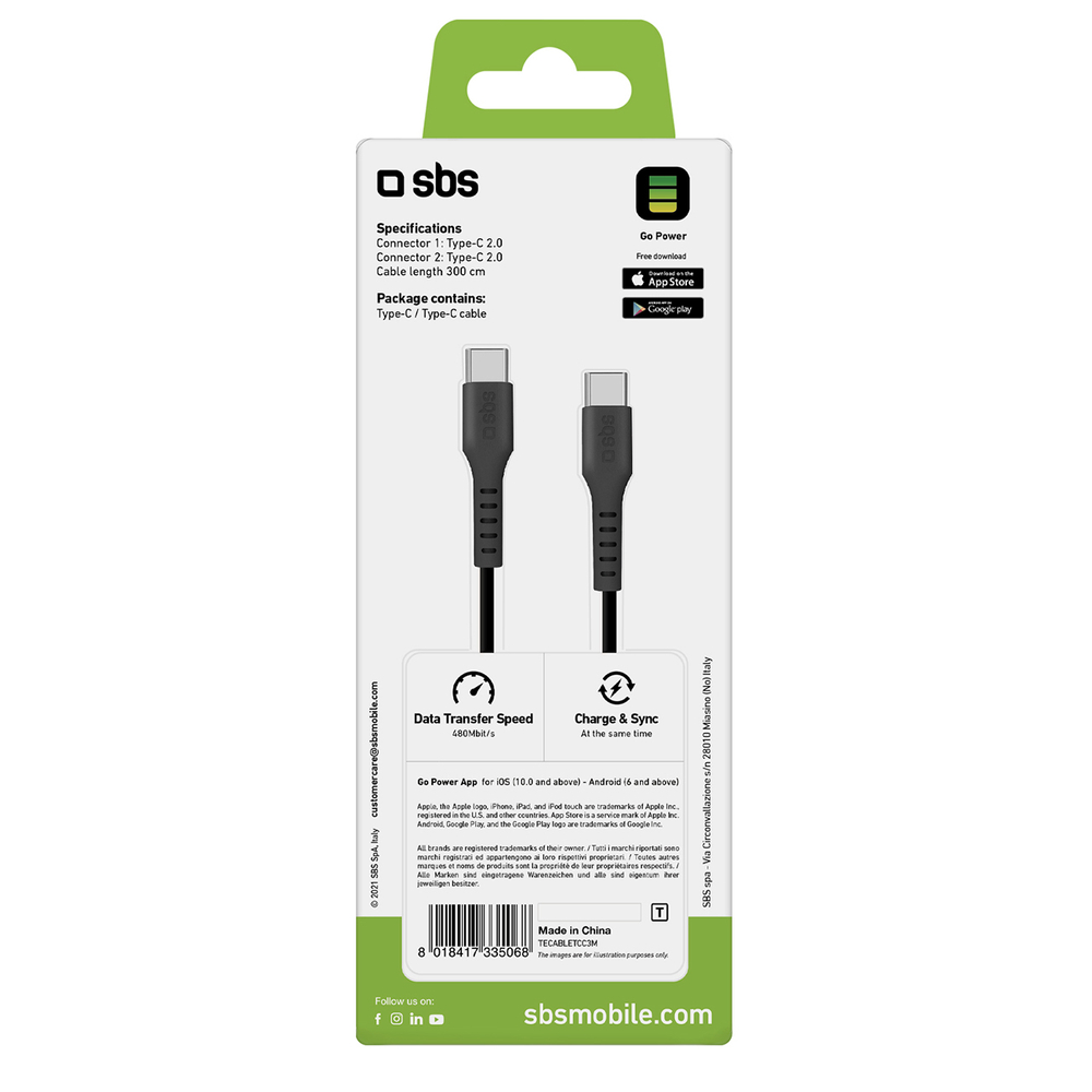 SBS USB-C uz USB-C kabelis (3m) TECABLETCC3M, melns