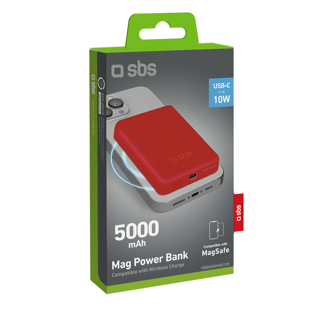 Sbs 5000 mAh Power Bank with MagSafe Support, Red