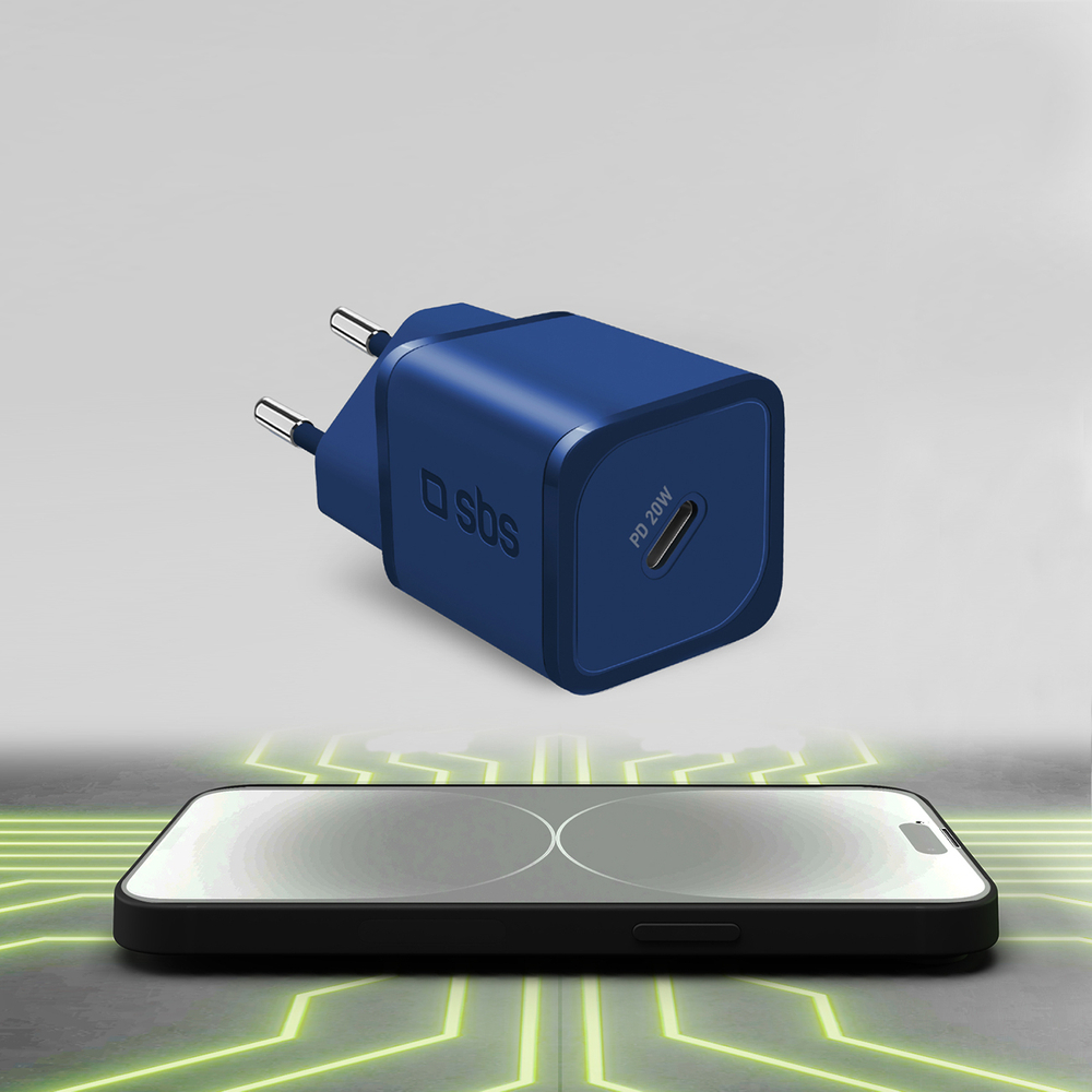 Sbs 20W GaN Wall Charger with Power Delivery, Blue