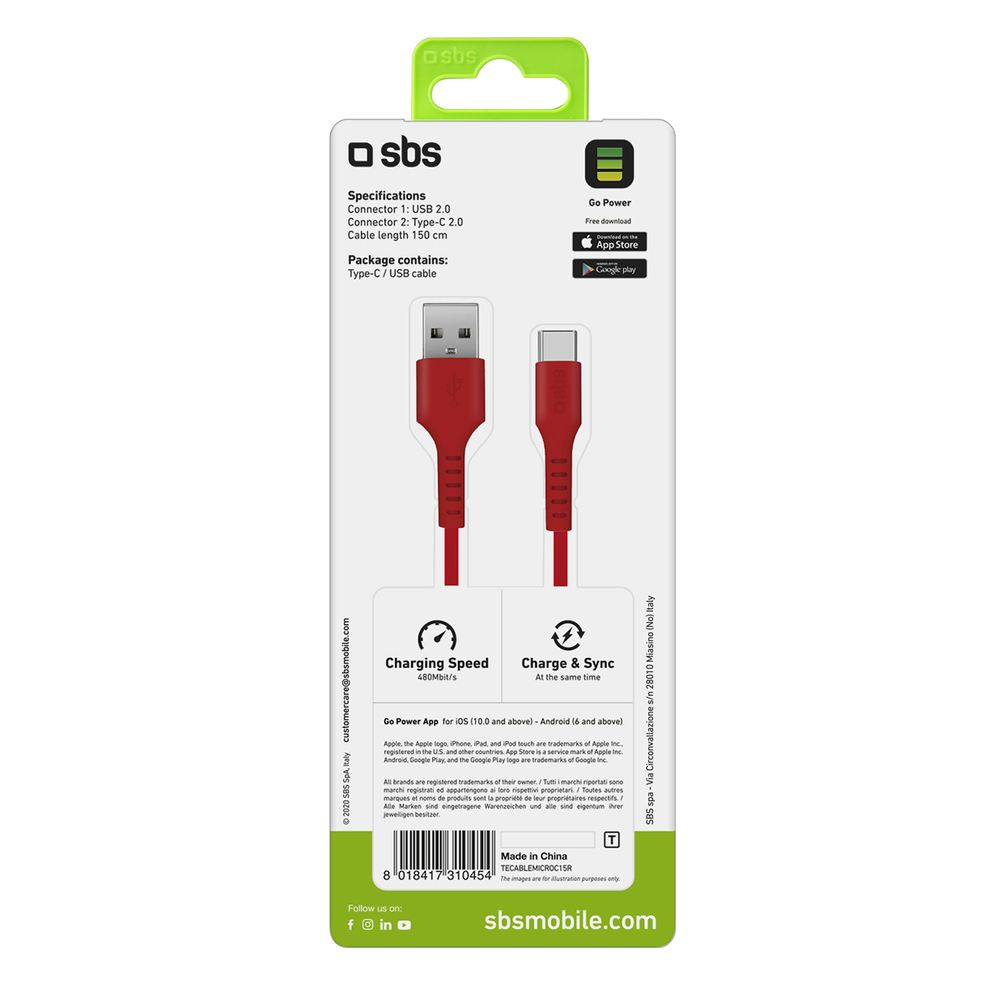 SBS USB-A uz USB-C kabelis 1.5m, sarkans