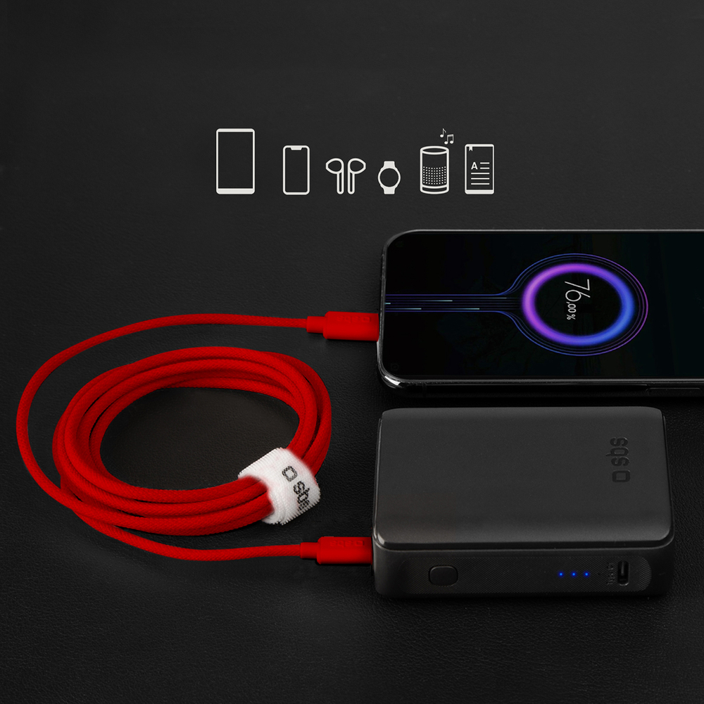 Sbs USB-C uz USB-C kabelis 1.5m 60W ar auduma pinumu, sarkans