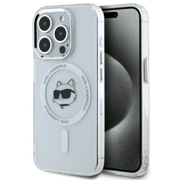 Apple iPhone 15 Pro Max 6.7'' Karl Lagerfeld IML Metal Karl & Choupette Head MagSafe Case Cover, White