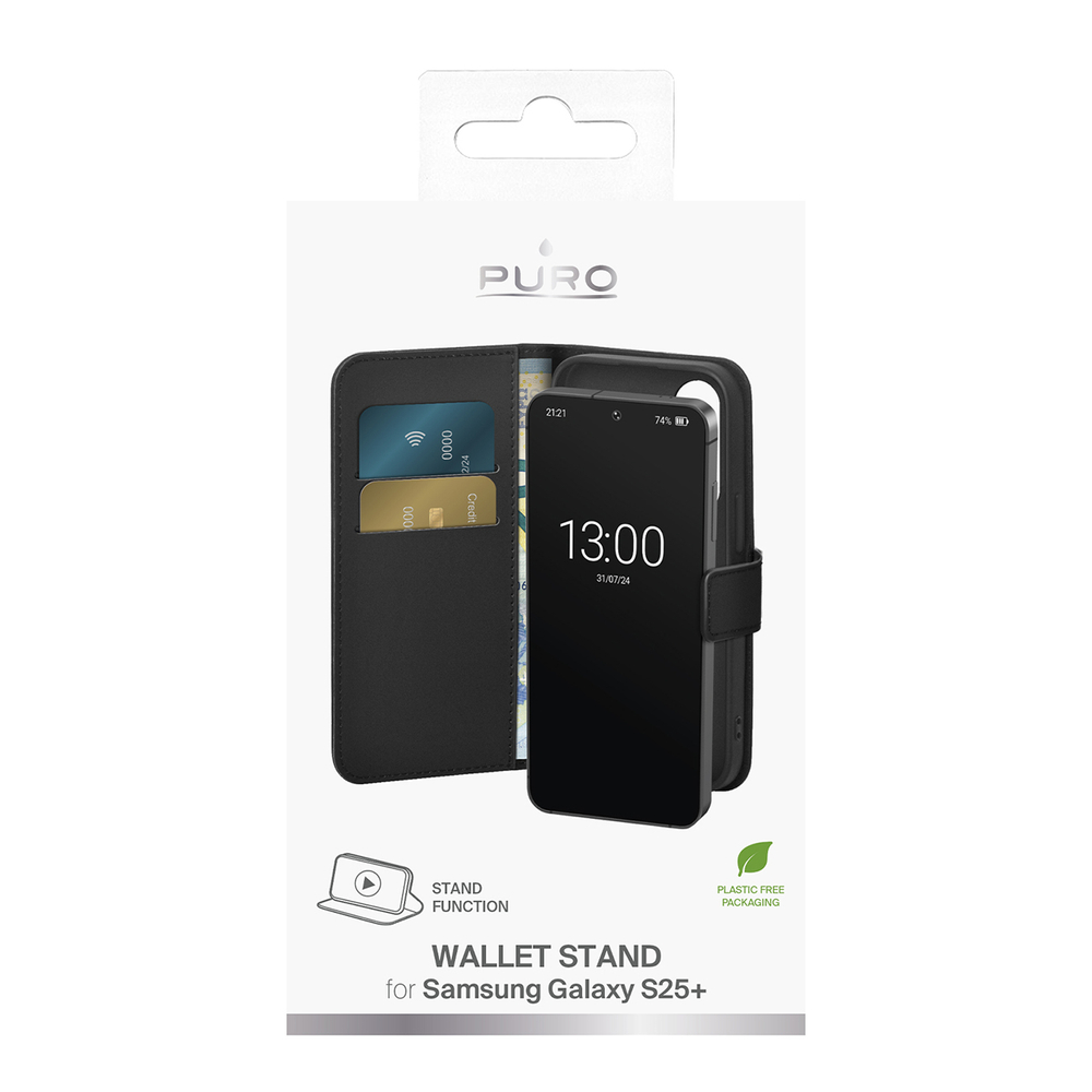 Puro Samsung Galaxy S25+ Booklet Case with Wallet, Black