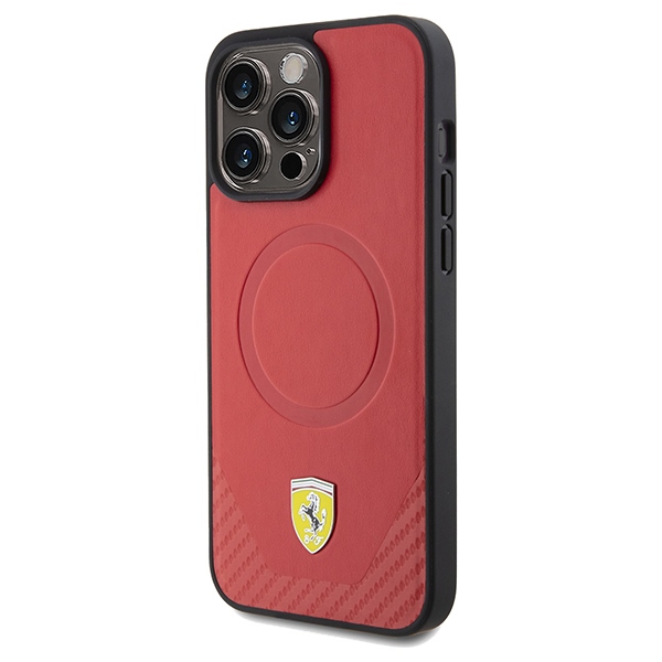 Ferrari Carbon Metal Logo MagSafe iPhone 15 Pro Max Case - Red