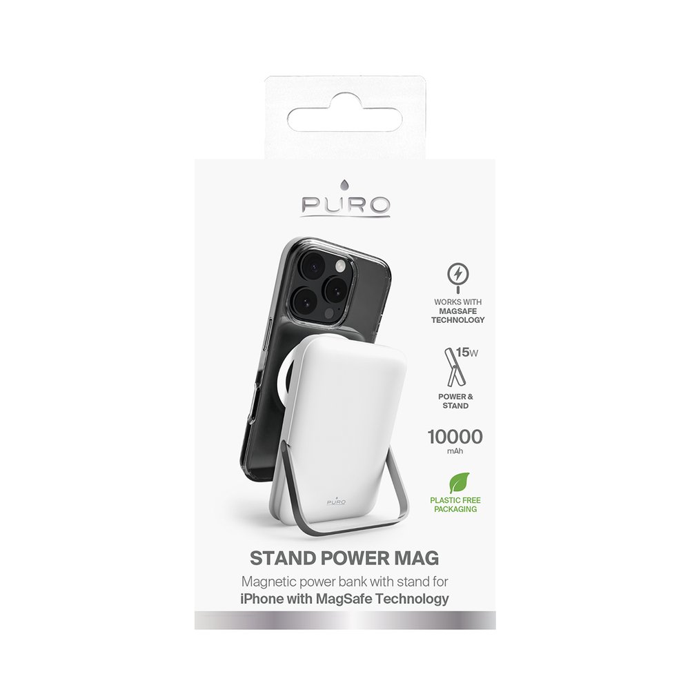 Puro 10000mAh MagSafe Wireless Power Bank with Aluminum Stand, White