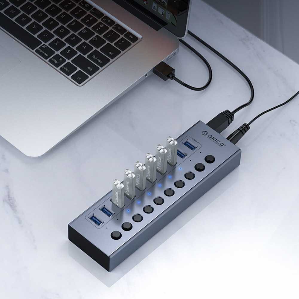 USB-A 3.0 10-port hUB with switch - gray