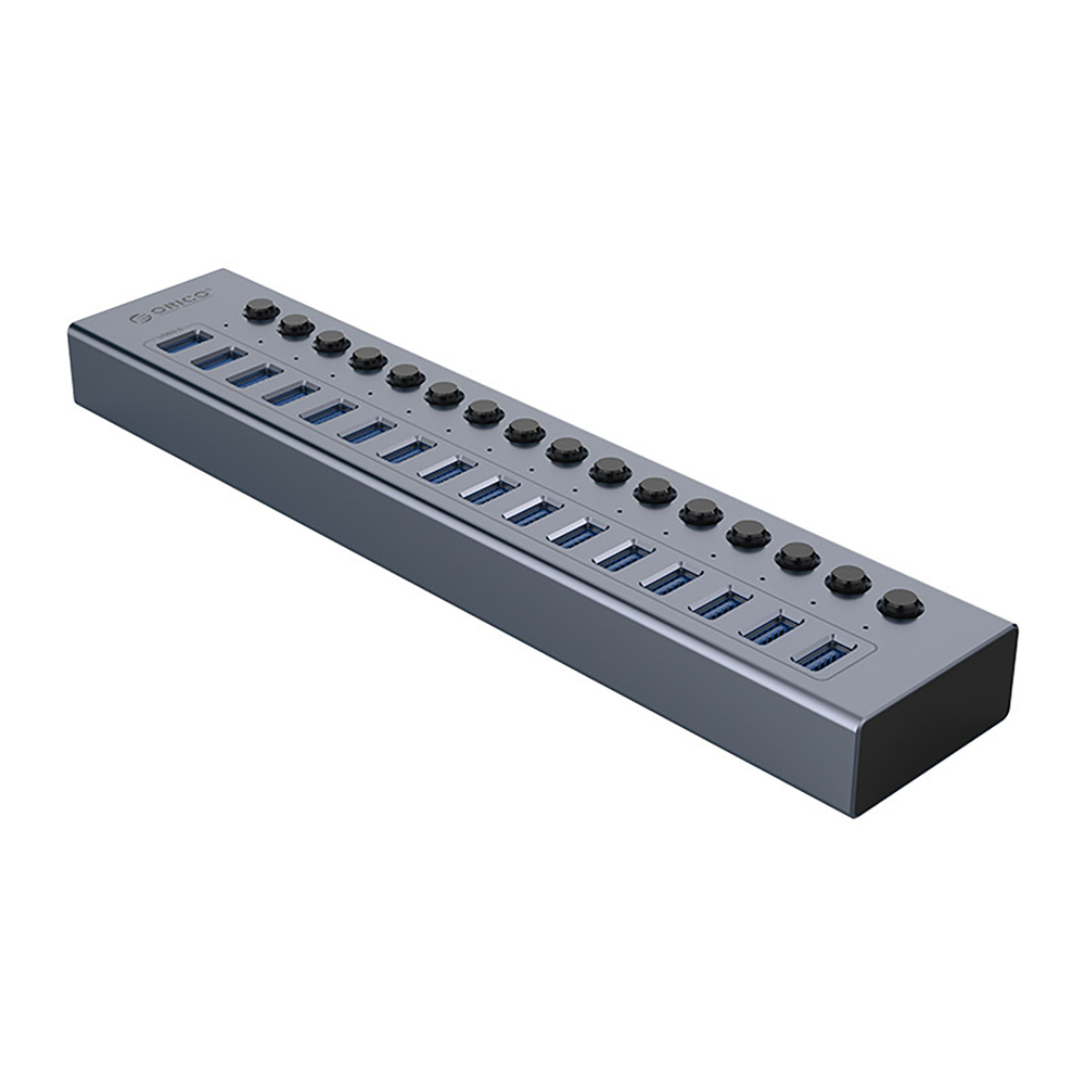 USB-A 3.0 16-port hUB with switch - gray