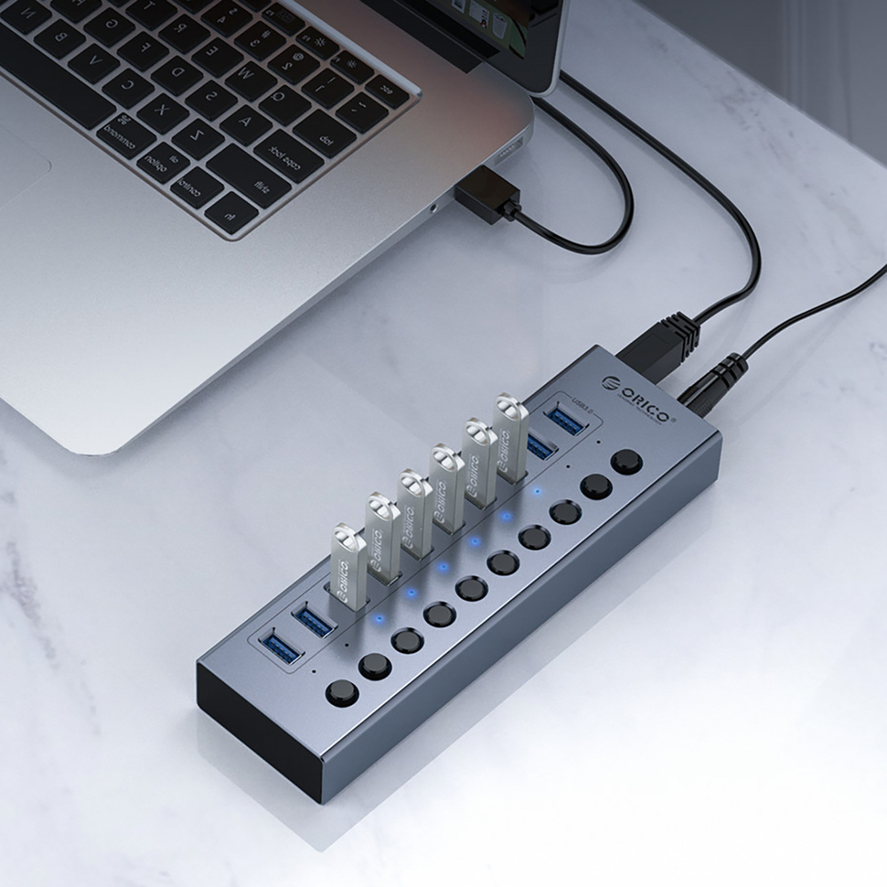 16-портовый концентратор USB-A 3.0 с переключателем - серый