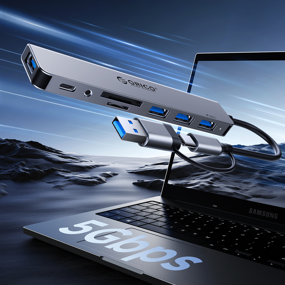 Orico YSB4-U2 USB-C centrmezgls 5-in-1 ar PD 65W, pelēks